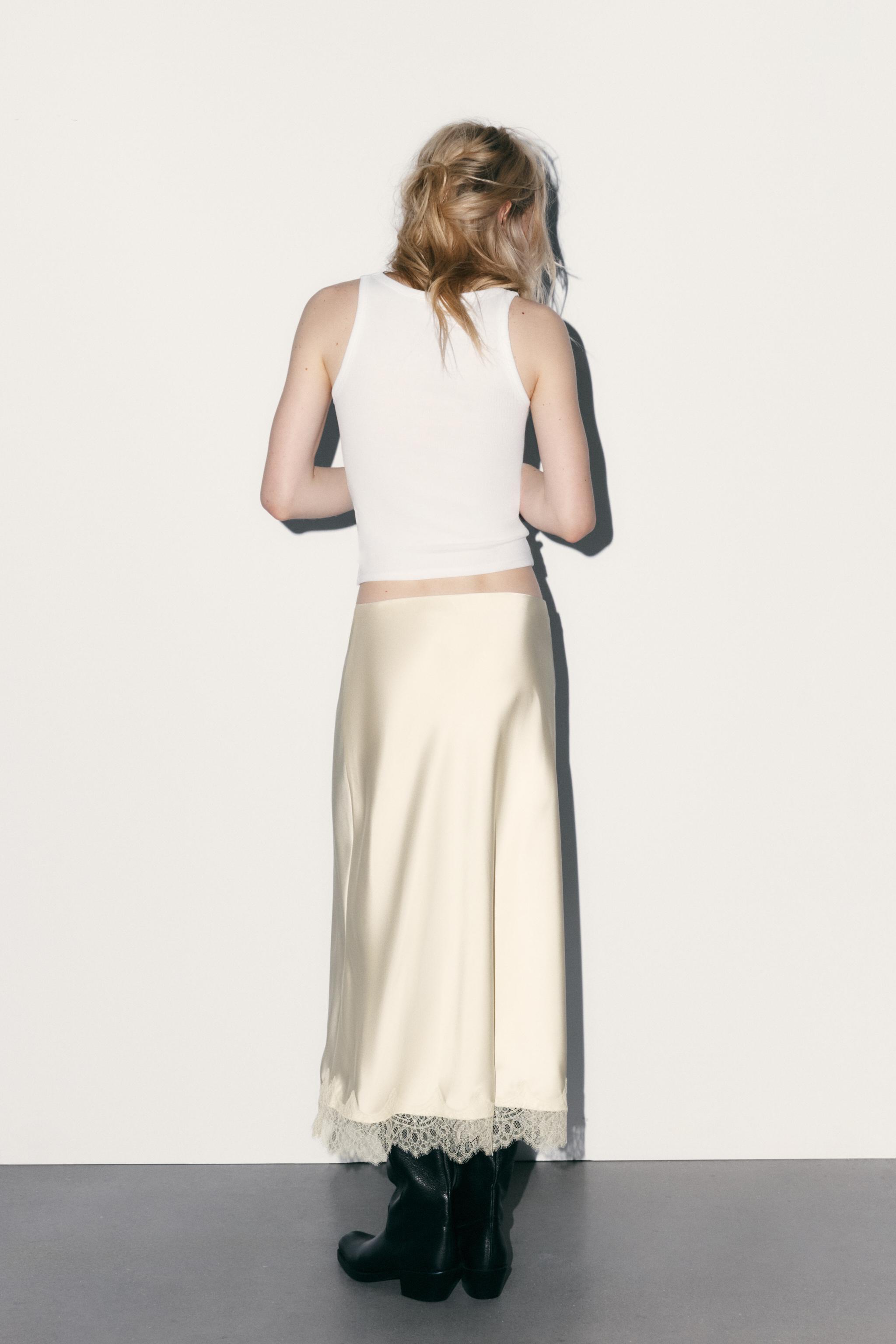 SATIN EFFECT LACE MIDI SKIRT